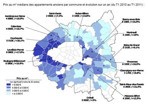 Prix au m² médians des appartements anciens par commune et évolution sur un an